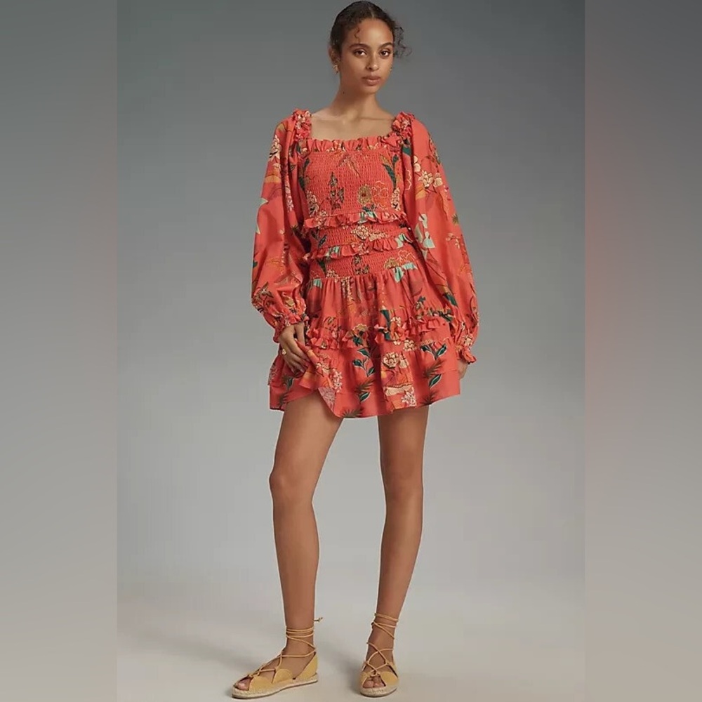 Farm Rio x Anthropologie Smocked Ruffle Mini Dress floral Size - Picture 2 of 7